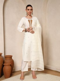 Nehamta - Women White Cotton Rayon Kurta with Pant and Dupatta