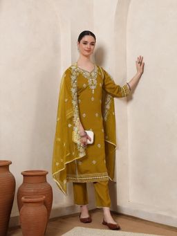 Nehamta - Women Mustard Cotton Rayon Kurta with Pant and Dupatta