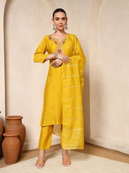 Nehamta - Women Mustard Cotton Rayon Kurta with Pant and Dupatta
