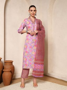 Nehamta - Women Light Purple Cotton Rayon Kurta with Pant and Dupatta