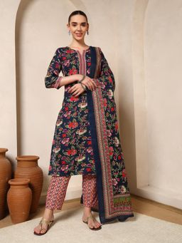 Nehamta - Women Navy Blue Cotton Rayon Kurta with Pant and Dupatta