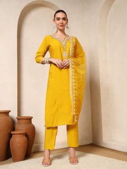 Nehamta - Women Mustard Muslin Kurta with Pant and Dupatta
