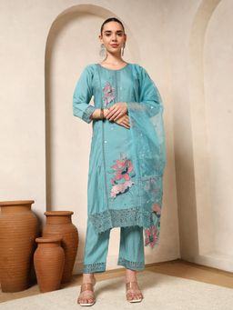 Nehamta - Women Blue Cotton Rayon Kurta with Pant and Dupatta