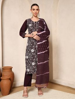 Nehamta - Women Burgundy Cotton Rayon Kurta with Pant and Dupatta