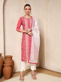 Nehamta - Women Coral Cotton Rayon Kurta with Pant and Dupatta