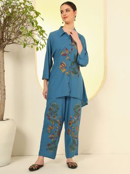 Nehamta - Women Teal Floral Embroidery Rayon Co-Ord Set