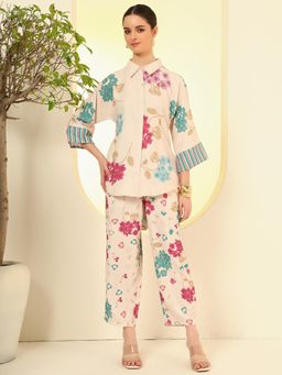 Nehamta - Women Cream Floral Print Polyester Co-Ord Set