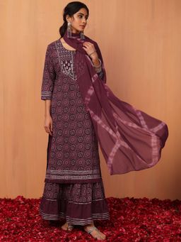 Indya - Purple Ajrakh Print Cotton Sharara with Kurta and Dupatta (Set of 3)