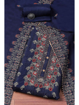 Biba - Navy Blue Banarasi Silk Digital Print Embroidered Unstitched Suit (Set of 3)