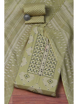 Biba - Green Cotton Hand Printed Unstitched Suit (Set of 3)