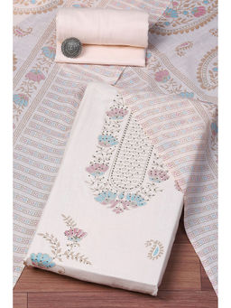 Biba - Peach Sequined Cotton Hand Printed Unstitched Suit (Set of 3)