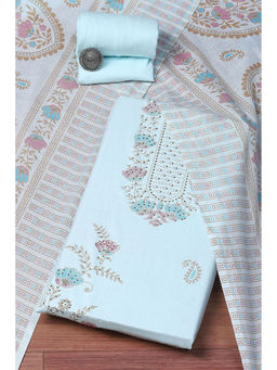 Biba - Blue Sequined Cotton Hand Printed Unstitched Suit (Set of 3)