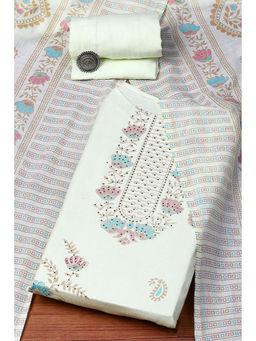 Biba - Yellow Sequined Cotton Hand Printed Unstitched Suit (Set of 3)