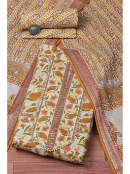 Biba - Mustard Cotton Hand Block Print Unstitched Suit (Set of 3)