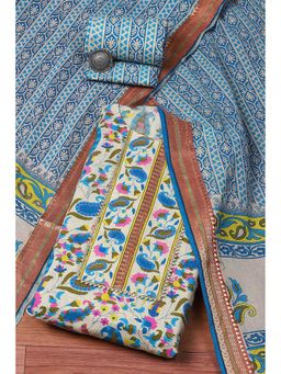 Biba - Blue Cotton Hand Gota Printed Unstitched Suit (Set of 3)
