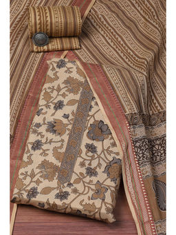 Biba - Floral Coffee Brown Cotton Machine Unstitched Suit (Set of 3)