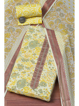 Biba - Yellow Cotton Hand Floral Print Unstitched Suit (Set of 3)