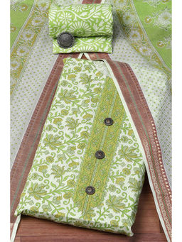 Biba - Green Cotton Hand Block Printed Unstitched Suit (Set of 3)