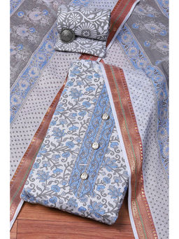 Biba - Grey Cotton Hand Block Print Unstitched Suit (Set of 3)