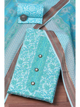 Biba - Blue Cotton Hand Block Printed Unstitched Suit (Set of 3)