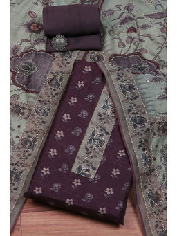 Biba - Dark Purple Chanderi Handloom Printed Unstitched Suit (Set of 3)