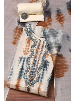 Biba - Beige Cotton Hand Tie & Dye Unstitched Suit (Set of 3)