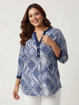 Qurvii - Navy Blue Crepe Mandarin Neck Paisley Regular Fit Shirt