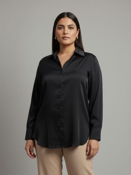 Qurvii - Black Poly Silk Collar Neck Plain Regular Fit Shirt