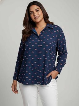 Qurvii - Navy Blue Crepe Collar Neck Abstract Regular Fit Shirt