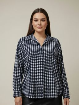 Qurvii - Navy Blue Crepe Collar Neck Geometric Regular Fit Shirt