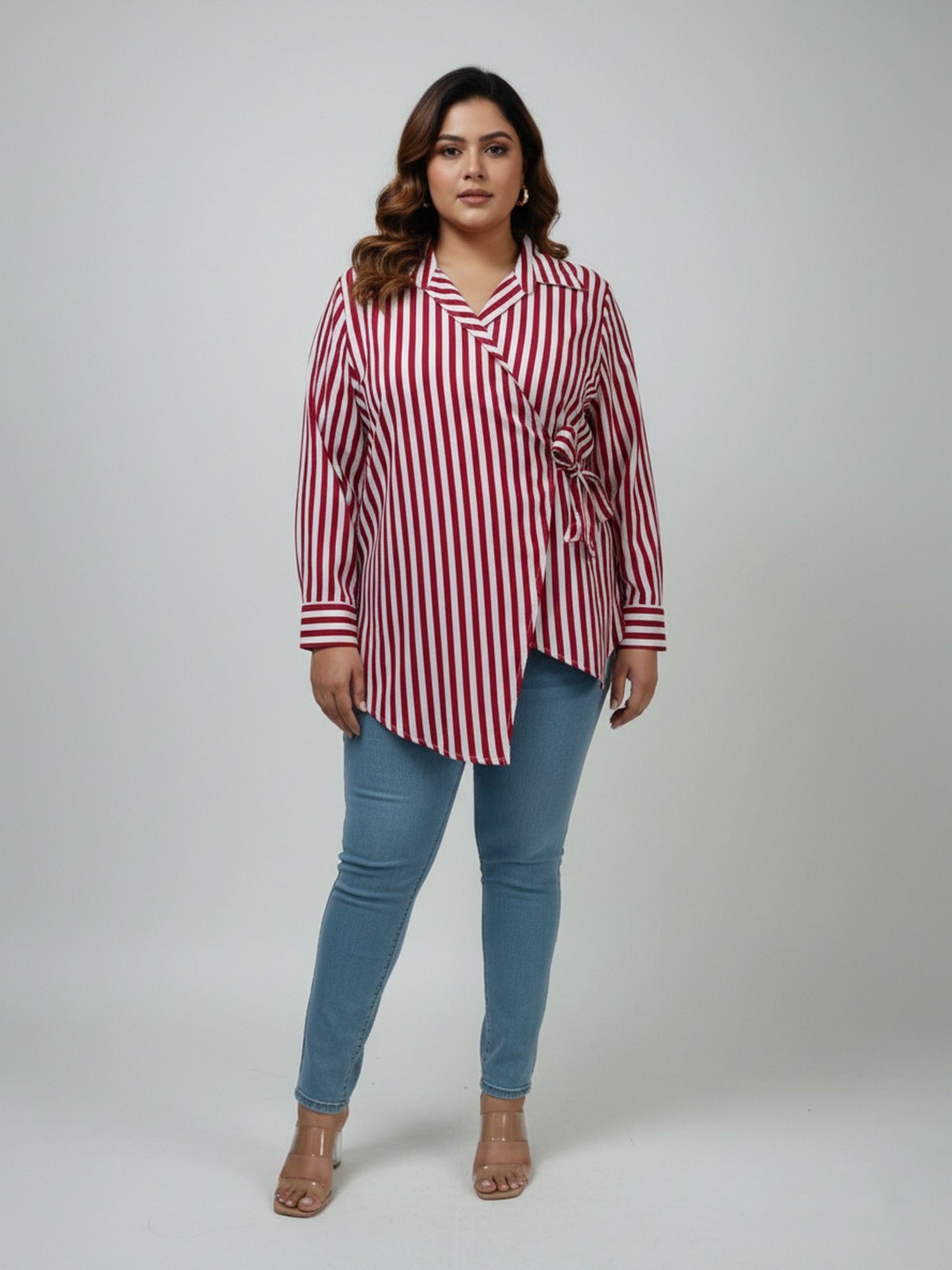 Maroon Crepe Collar Neck Stripes Regular Fit Shirt-image-4