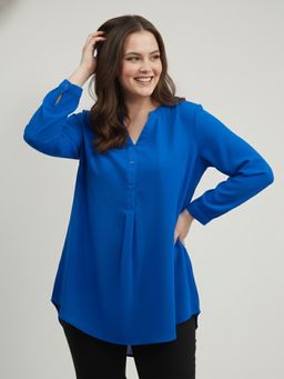 Qurvii - Blue Moss Crepe Mandarin Neck Plain Regular Fit Shirt