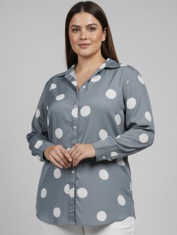 Qurvii - Grey Crepe Collar Neck Polka Dots Regular Fit Shirt