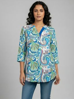 Qurvii - Blue Crepe Mandarin Neck Floral Regular Fit Shirt