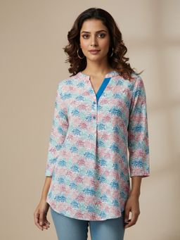 Qurvii - White Crepe Mandarin Neck Abstract Regular Fit Shirt