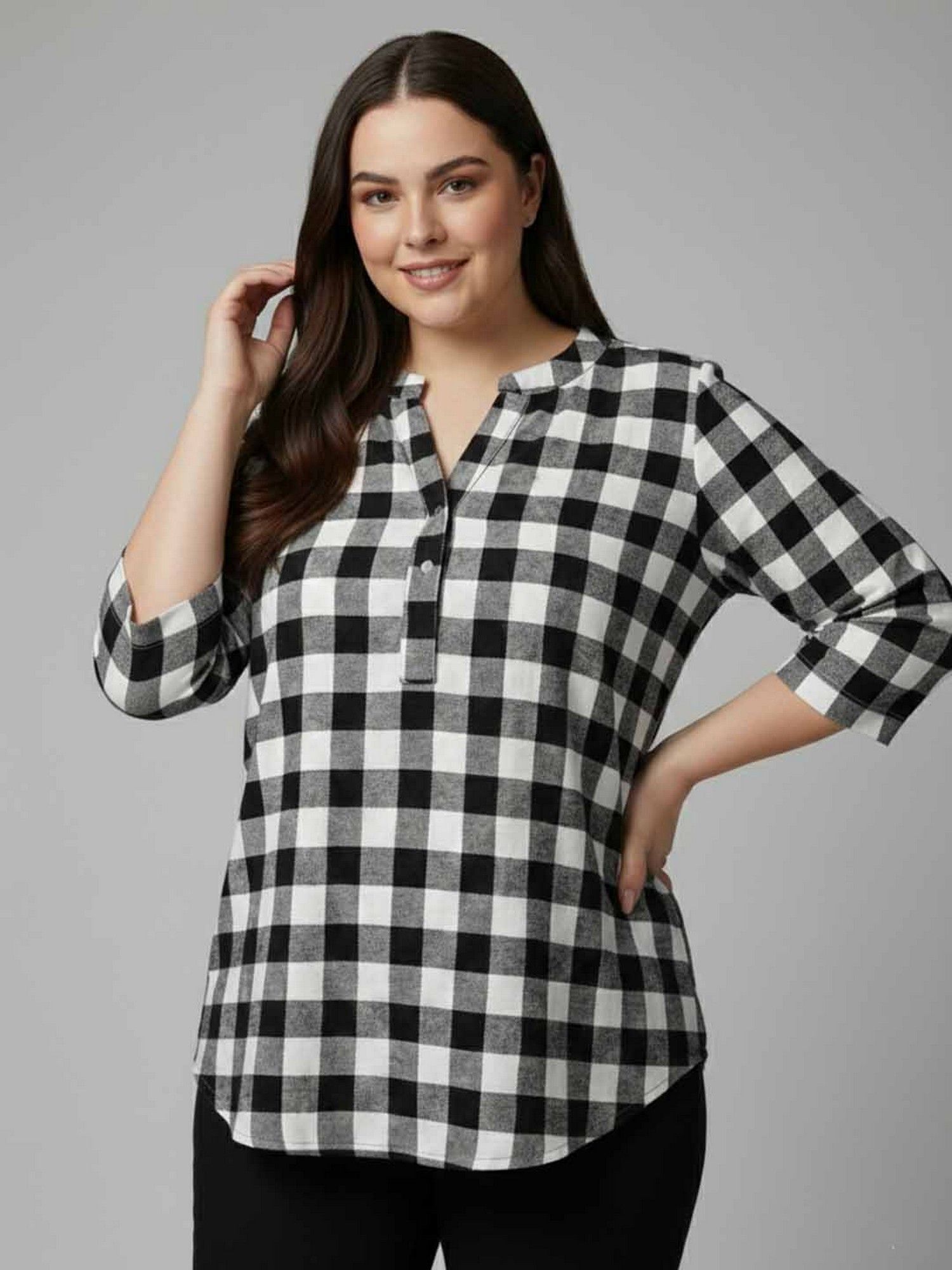 qurvii Black Cotton Mandarin Neck Checks Regular Fit Shirt-picture-10