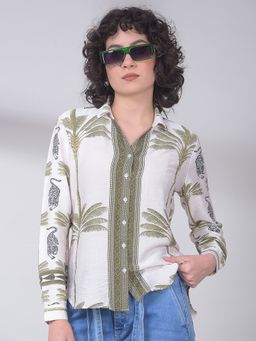 CRIMSOUNE CLUB - Green Viscose Blend Collar Neck Floral Slim Fit Shirt