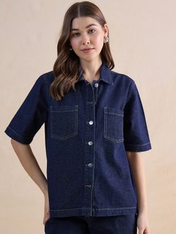 Femmella - Dark Blue Denim Half Sleeves Shirt