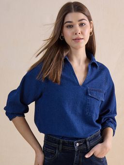 Femmella - Navy Blue Raglan Sleeve Denim Top