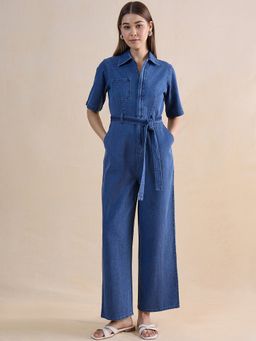 Femmella - Mid Blue Zip-Up Denim Jumpsuit