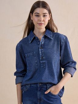 Femmella - Blue Half Buttoned Denim Top