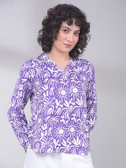 CRIMSOUNE CLUB - Purple Lyocell Collar Neck Floral Slim Fit Shirt