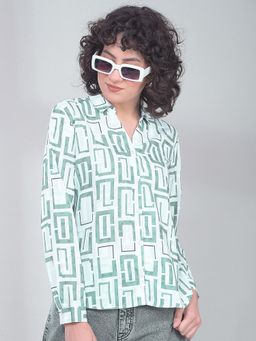 CRIMSOUNE CLUB - Green Polyester Collar Neck Geometric Slim Fit Shirt