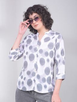 CRIMSOUNE CLUB - Grey Polyester Mandarin Neck Polka Dots Slim Fit Shirt