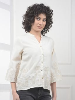 CRIMSOUNE CLUB - Beige Polyester Mandarin Neck Embroidered Slim Fit Shirt