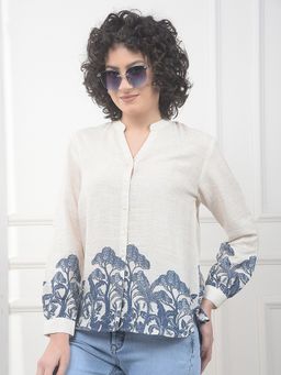 CRIMSOUNE CLUB - Beige Polyester Mandarin Neck Floral Slim Fit Shirt