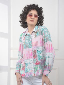 CRIMSOUNE CLUB - Green Polyester Collar Neck Abstract Slim Fit Shirt