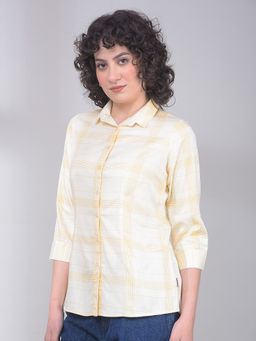 CRIMSOUNE CLUB - Mustard Viscose Collar Neck Checks Slim Fit Shirt