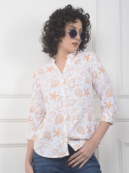 CRIMSOUNE CLUB - White Cotton Mandarin Neck Abstract Slim Fit Shirt