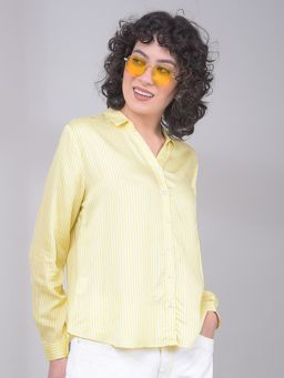 CRIMSOUNE CLUB - Yellow Lyocell Collar Neck Stripes Slim Fit Shirt
